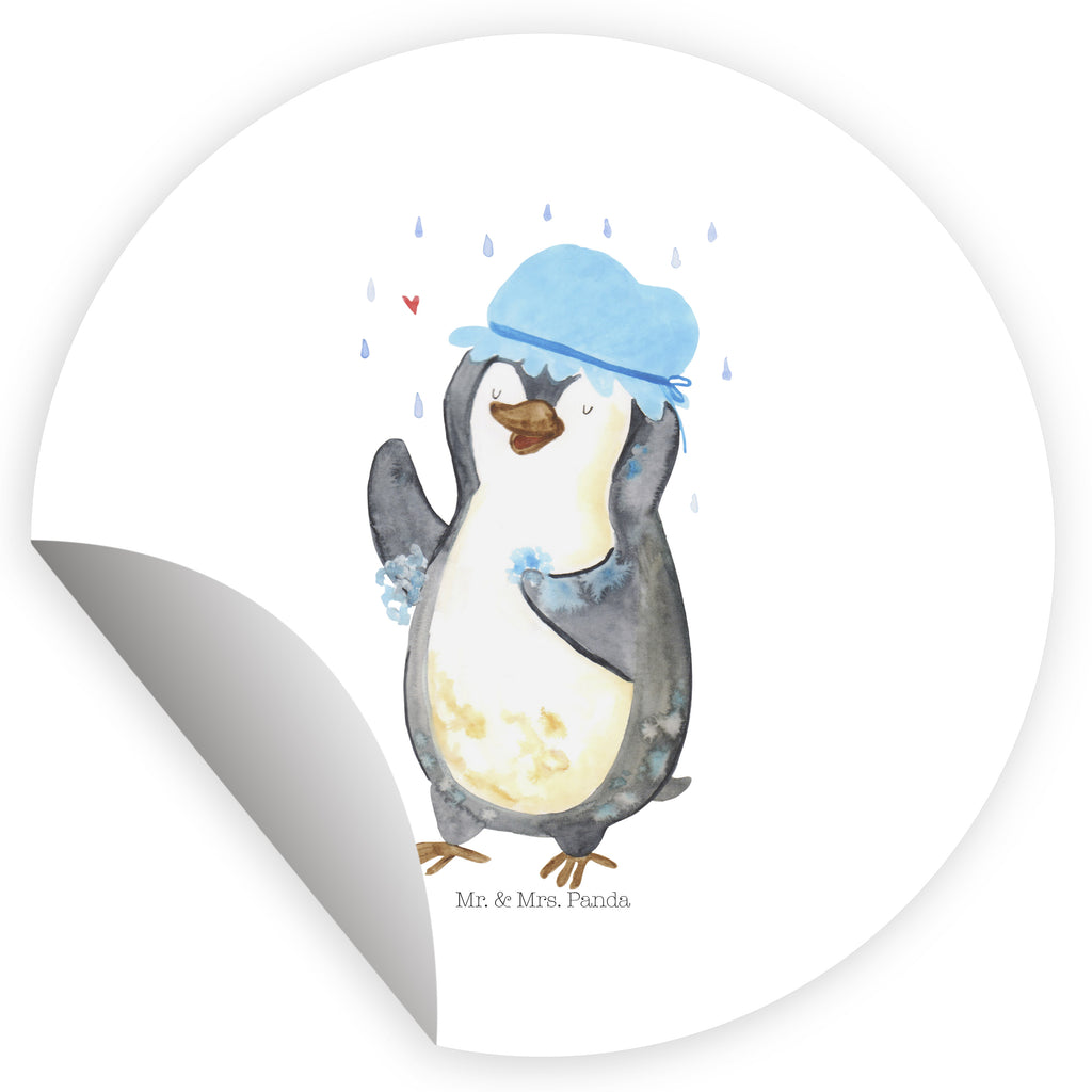 Rund Aufkleber Pinguin duscht Sticker, Aufkleber, Etikett, Kinder, rund, Pinguin, Pinguine, Dusche, duschen, Lebensmotto, Motivation, Neustart, Neuanfang, glücklich sein