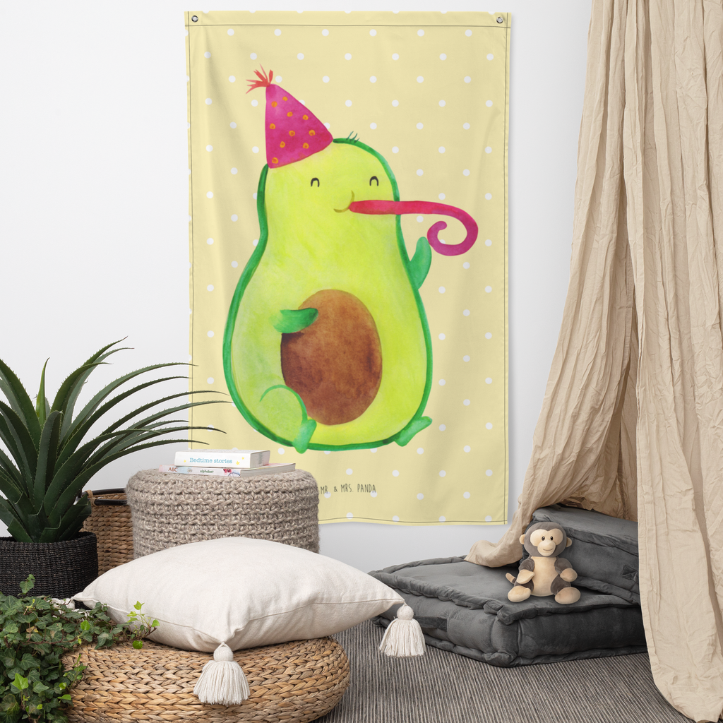 Wandteppich Avocado Partyhupe Wandbehang, Dekoration, Boho, Wandteppich, Wandtuch, Wanddeko, Tapisserie, Tapestry, Wandbild, Textil-Kunst, Schmuck-Wandbehang, Wand Deko, Kinderzimmer, Kinderzimmer Wand, Kinderzimmer Deko, Kinderzimmer Wanddeko, Avocado, Veggie, Vegan, Gesund, Party, Feierlichkeit, Feier, Fete, Geburtstag, Gute Laune, Tröte