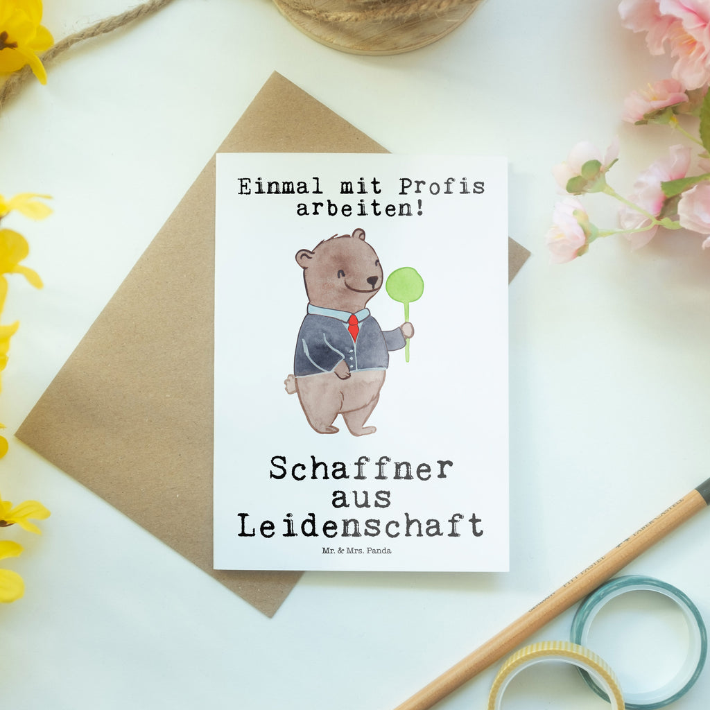 Grußkarte Schaffner aus Leidenschaft Grußkarte, Klappkarte, Einladungskarte, Glückwunschkarte, Hochzeitskarte, Geburtstagskarte, Karte, Ansichtskarten, Beruf, Ausbildung, Jubiläum, Abschied, Rente, Kollege, Kollegin, Geschenk, Schenken, Arbeitskollege, Mitarbeiter, Firma, Danke, Dankeschön