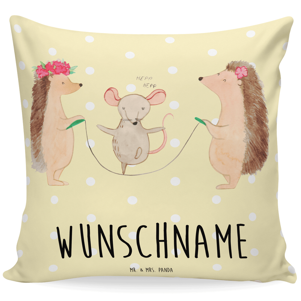 Personalisiertes Kissen Igel Seilhüpfen Kissen, personalisiert, Name, Wunschname, bedrucken, Kopfkissen, Tiermotive, Gute Laune, lustige Sprüche, Tiere, Igel, Maus, Seilspringen, Seilhüpfen, Kinder, Kindergarten