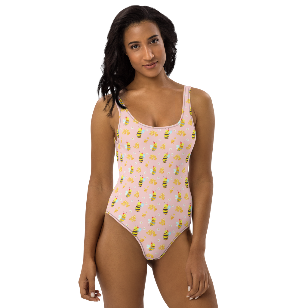 Badeanzug Biene Happy Muster Badebekleidung, Bademode, Badeanzug, Swimsuit, Rückenfreier Badeanzug, Luxus-Bademode, Biene, Wespe, Hummel