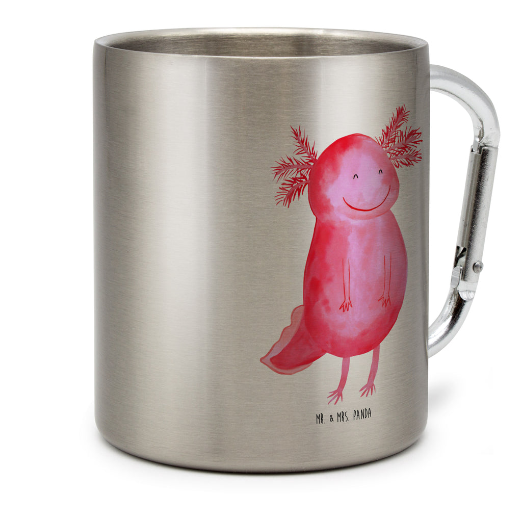 Edelstahlbecher Axolotl glücklich Edelstahltasse, Karabiner, Edelstahlbecher, Outdoor, Camping, Tasse, Becher, Axolotl, Molch, Axolot, Schwanzlurch, Lurch, Lurche, Motivation, gute Laune