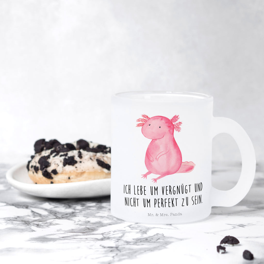 Teetasse Axolotl Teetasse, Teeglas, Teebecher, Tasse mit Henkel, Tasse, Glas Teetasse, Teetasse aus Glas, Axolotl, Molch, Axolot, vergnügt, fröhlich, zufrieden, Lebensstil, Weisheit, Lebensweisheit, Liebe, Freundin