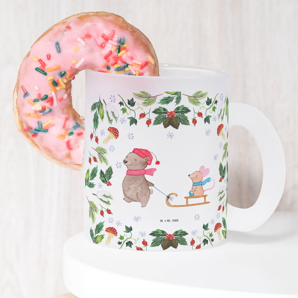 Teetasse Bär Maus Schlitten Teetasse, Teeglas, Teebecher, Tasse mit Henkel, Tasse, Glas Teetasse, Teetasse aus Glas, Winter, Weihnachten, Weihnachtsdeko, Nikolaus, Advent, Heiligabend, Wintermotiv