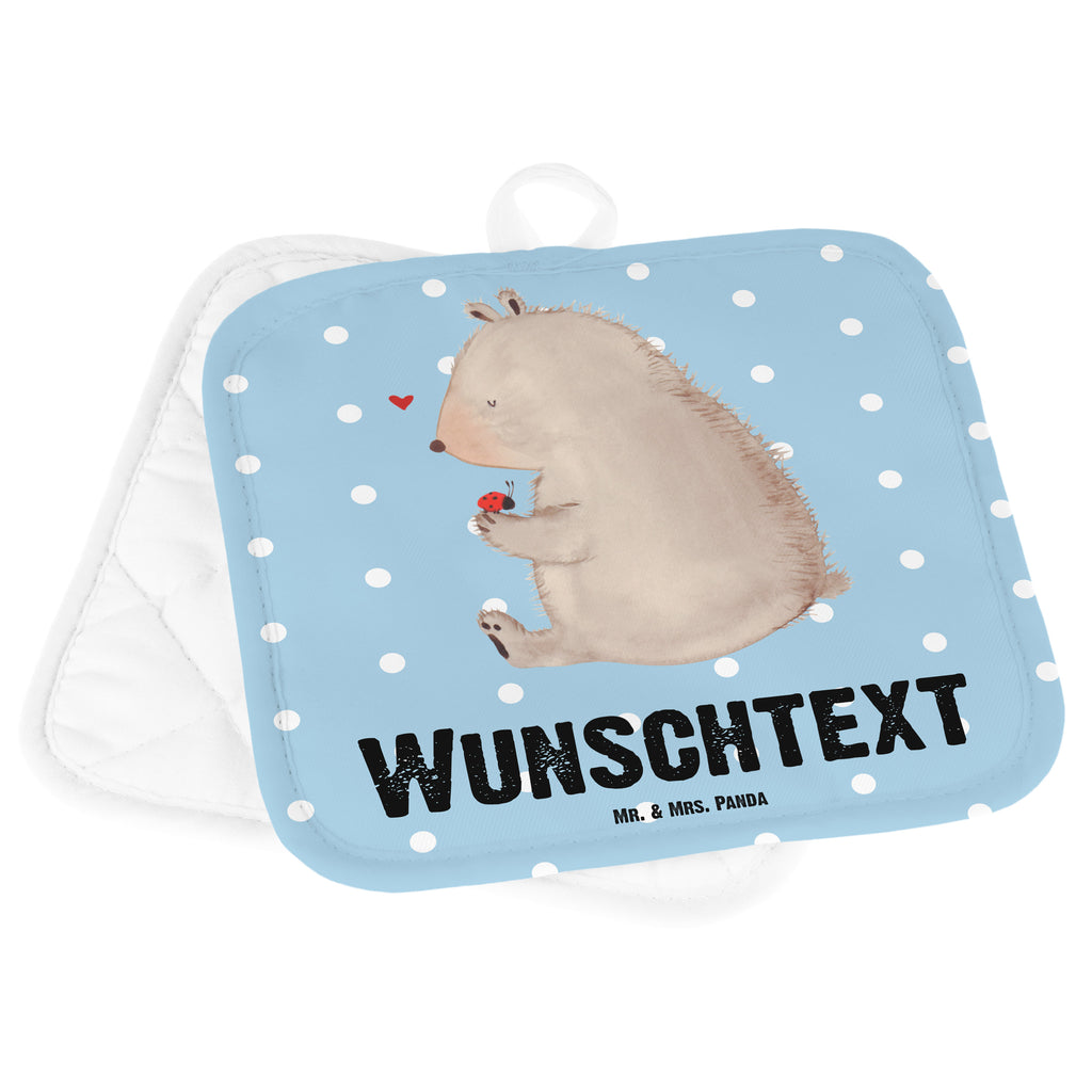 Personalisierte Topflappen Bär mit Marienkäfer Topflappen personalisiert, Personalisierte Topfuntersetzer, Personalisierter Ofenhandschuh, Topflappen Set personalisiert, Topflappen mit Namen, Namensaufdruck, Bär, Teddy, Teddybär, Marienkäfer, Liebe, Freiheit, Motivation, Das Leben ist schön