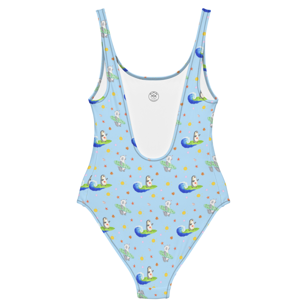 Badeanzug Pinguin Surfer Muster Badebekleidung, Bademode, Badeanzug, Swimsuit, Rückenfreier Badeanzug, Luxus-Bademode, Pinguin, Pinguine, surfen, Surfer, Hawaii, Urlaub, Wellen, Wellen reiten, Portugal