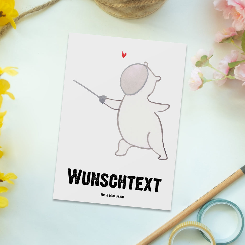 Personalisierte Postkarte Panda Fechten Postkarte mit Namen, Postkarte bedrucken, Postkarte mit Wunschtext, Postkarte personalisierbar, Geschenkkarte mit Namen, Grußkarte mit Namen, Karte mit Namen, Einladung mit Namen, Ansichtskarte mit Namen, Geschenkkarte mit Wunschtext, Grußkarte mit Wunschtext, Karte mit Wunschtext, Einladung mit Wunschtext, Ansichtskarte mit Wunschtext, Geschenk, Sport, Sportart, Hobby, Schenken, Danke, Dankeschön, Auszeichnung, Gewinn, Sportler, Fechten, Fechter Bund, Fecht Verein, Fecht Club