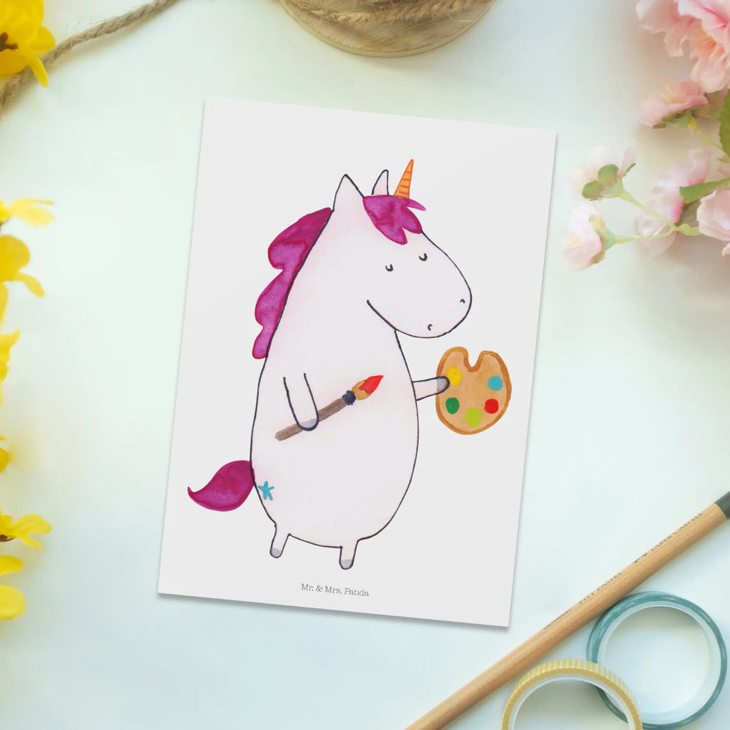 Postkarte Einhorn Künstler Postkarte, Karte, Geschenkkarte, Grußkarte, Einladung, Ansichtskarte, Geburtstagskarte, Einladungskarte, Dankeskarte, Ansichtskarten, Einladung Geburtstag, Einladungskarten Geburtstag, Einhorn, Einhörner, Einhorn Deko, Unicorn, Englisch, Künstler, Artist, Malen, Zeichnen, Welt, Farbe, Stift, Pinsel, Geschenk, Maler