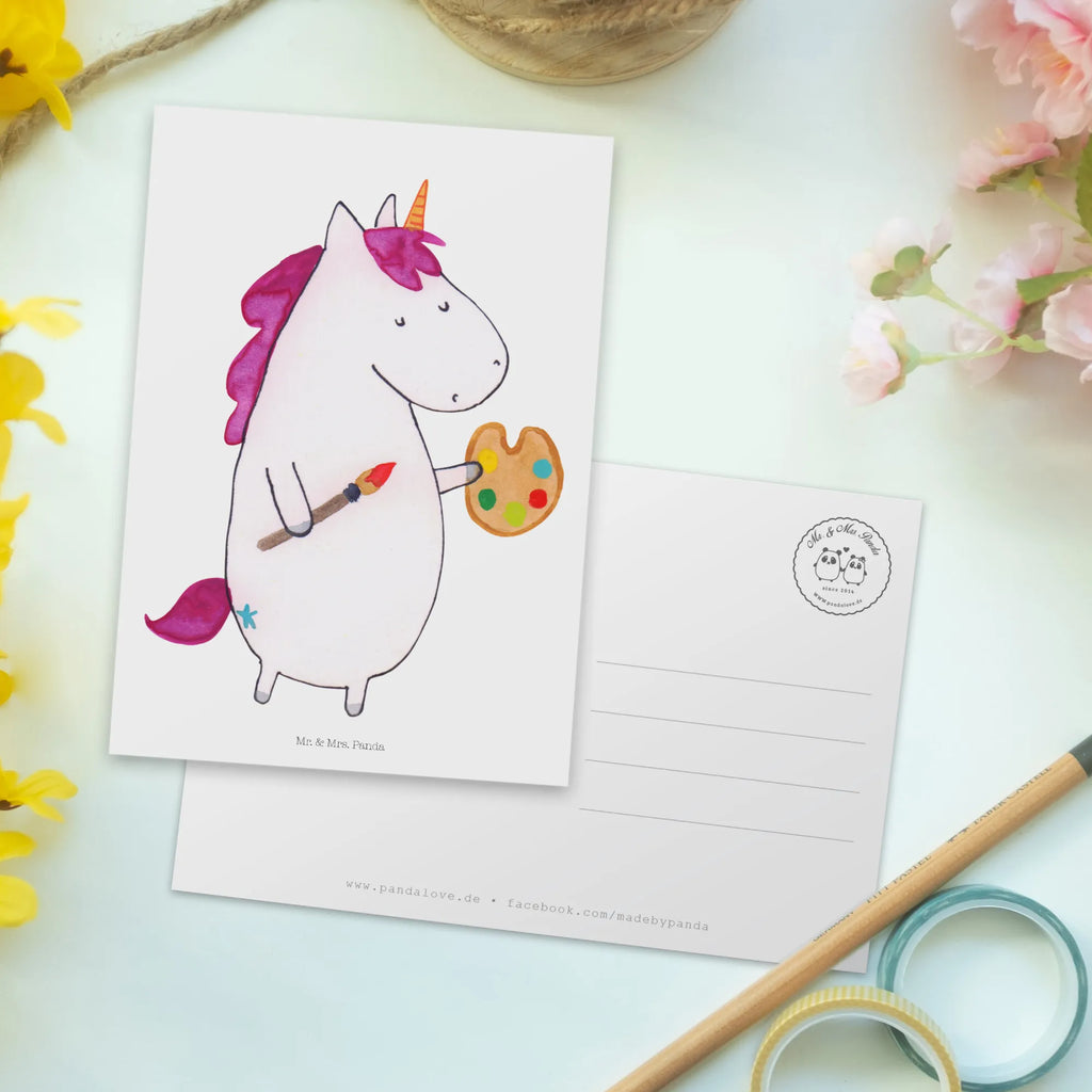 Postkarte Einhorn Künstler Postkarte, Karte, Geschenkkarte, Grußkarte, Einladung, Ansichtskarte, Geburtstagskarte, Einladungskarte, Dankeskarte, Ansichtskarten, Einladung Geburtstag, Einladungskarten Geburtstag, Einhorn, Einhörner, Einhorn Deko, Unicorn, Englisch, Künstler, Artist, Malen, Zeichnen, Welt, Farbe, Stift, Pinsel, Geschenk, Maler