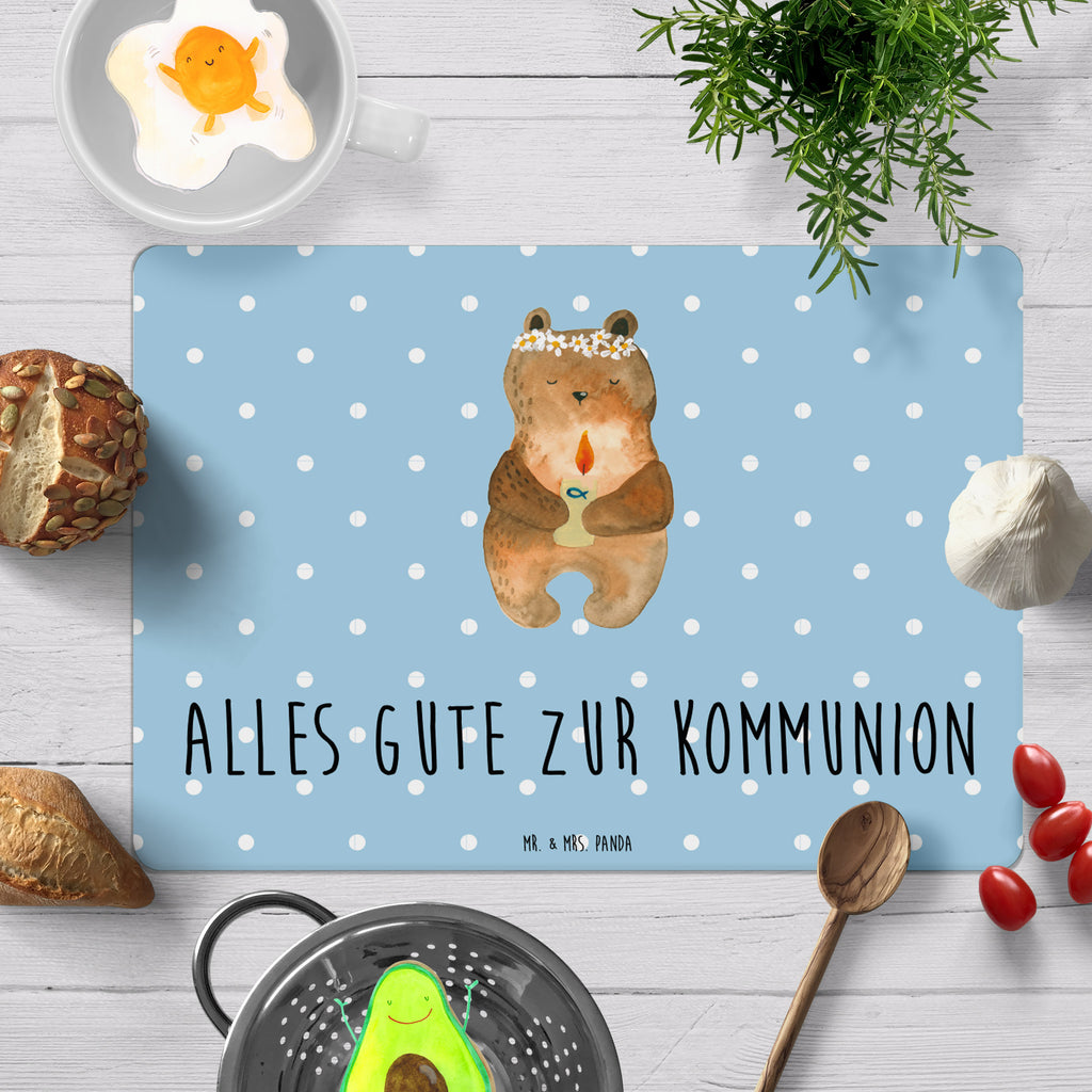 Tischset Kommunion-Bär Tischset, Tischuntersetzer, Platzset, Tischsets abwaschbar, Tischunterlage, Bär, Teddy, Teddybär, Kommunion, Gottes Segen, Taufkerze, katholisch