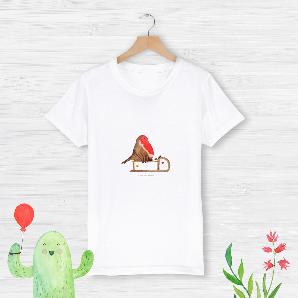 Organic Kinder T-Shirt Rotkehlchen Schlitten Kinder T-Shirt, Kinder T-Shirt Mädchen, Kinder T-Shirt Jungen, Winter, Weihnachten, Weihnachtsdeko, Nikolaus, Advent, Heiligabend, Wintermotiv, Schlitten, Vogel