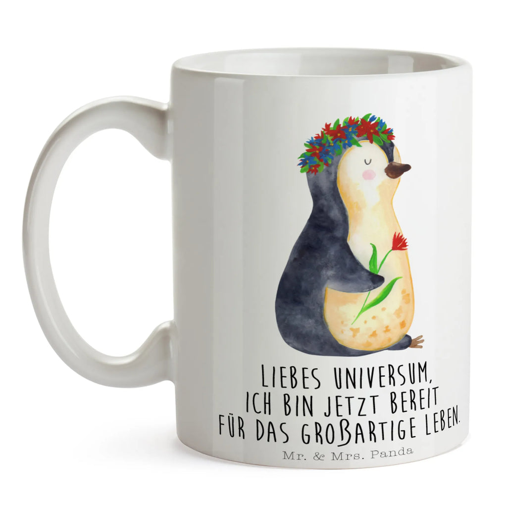 Tasse Pinguin Blumen Tasse, Kaffeetasse, Teetasse, Becher, Kaffeebecher, Teebecher, Keramiktasse, Porzellantasse, Büro Tasse, Geschenk Tasse, Tasse Sprüche, Tasse Motive, Kaffeetassen, Tasse bedrucken, Designer Tasse, Cappuccino Tassen, Schöne Teetassen, Pinguin, Pinguine, Blumenkranz, Universum, Leben, Wünsche, Ziele, Lebensziele, Motivation, Lebenslust, Liebeskummer, Geschenkidee