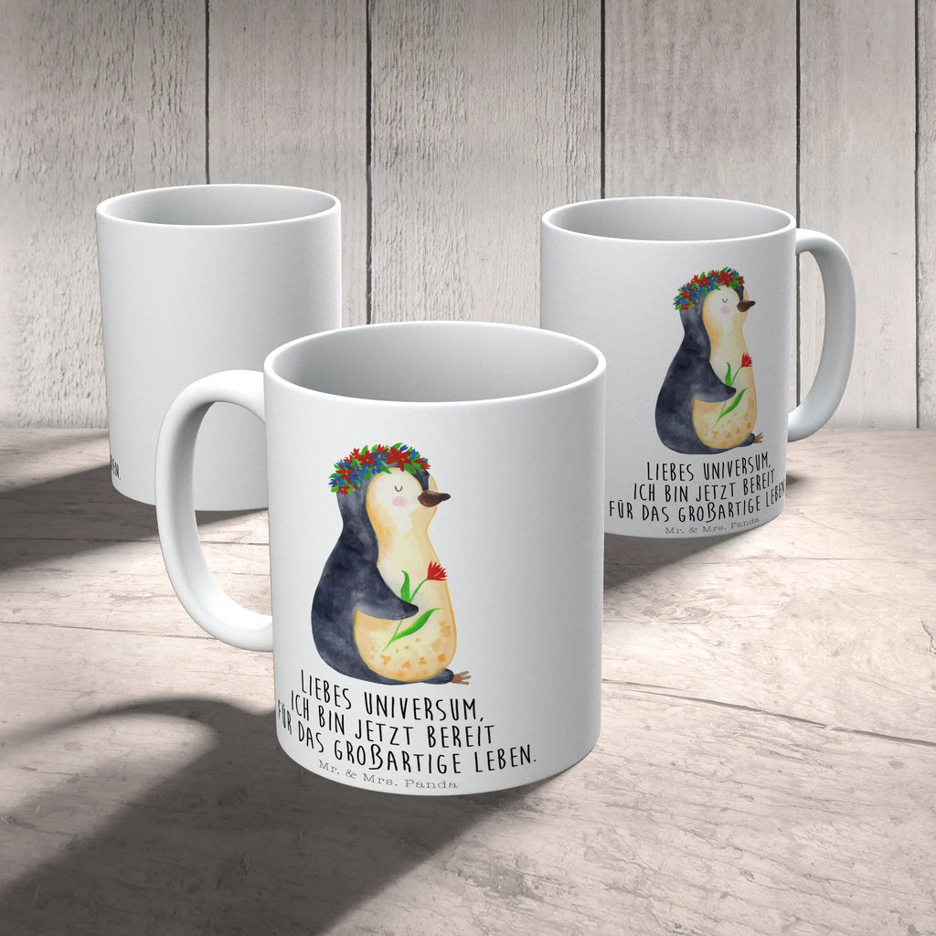 Tasse Pinguin Blumen Tasse, Kaffeetasse, Teetasse, Becher, Kaffeebecher, Teebecher, Keramiktasse, Porzellantasse, Büro Tasse, Geschenk Tasse, Tasse Sprüche, Tasse Motive, Kaffeetassen, Tasse bedrucken, Designer Tasse, Cappuccino Tassen, Schöne Teetassen, Pinguin, Pinguine, Blumenkranz, Universum, Leben, Wünsche, Ziele, Lebensziele, Motivation, Lebenslust, Liebeskummer, Geschenkidee