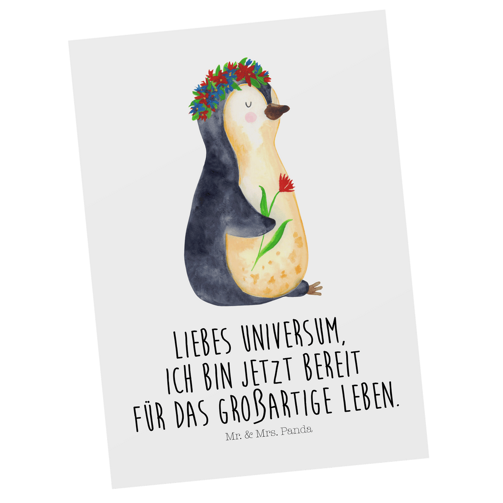 Postkarte Pinguin Blumen Postkarte, Karte, Geschenkkarte, Grußkarte, Einladung, Ansichtskarte, Geburtstagskarte, Einladungskarte, Dankeskarte, Ansichtskarten, Einladung Geburtstag, Einladungskarten Geburtstag, Pinguin, Pinguine, Blumenkranz, Universum, Leben, Wünsche, Ziele, Lebensziele, Motivation, Lebenslust, Liebeskummer, Geschenkidee