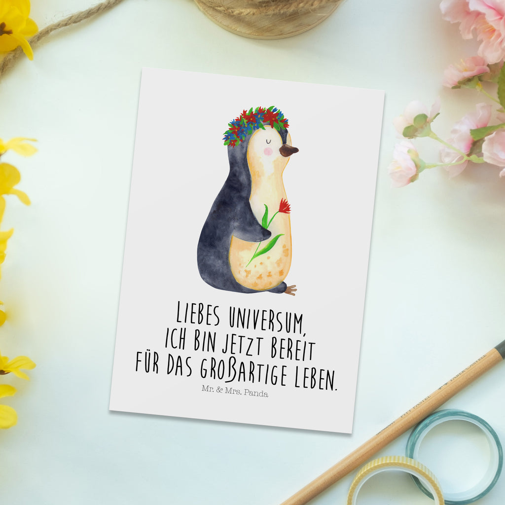 Postkarte Pinguin Blumen Postkarte, Karte, Geschenkkarte, Grußkarte, Einladung, Ansichtskarte, Geburtstagskarte, Einladungskarte, Dankeskarte, Ansichtskarten, Einladung Geburtstag, Einladungskarten Geburtstag, Pinguin, Pinguine, Blumenkranz, Universum, Leben, Wünsche, Ziele, Lebensziele, Motivation, Lebenslust, Liebeskummer, Geschenkidee