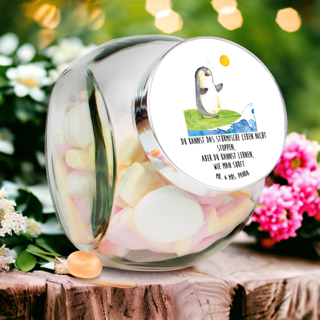 Bonbonglas Pinguin Surfer Vorratsdose, Vorratsbehälter, Süßigkeitenglas, Süßigkeitendose, Kaffeedose, Müslidose, Teedose, Keksbehälter, Keksedose, Glasdose, Glasbälter, Vorratsglas, Küchenbehälter, Aufbewahrungsdose, Aufbewahungsglas, Gewürzdose, Küchenorganizer, Snackdose, Pinguin, Pinguine, surfen, Surfer, Hawaii, Urlaub, Wellen, Wellen reiten, Portugal