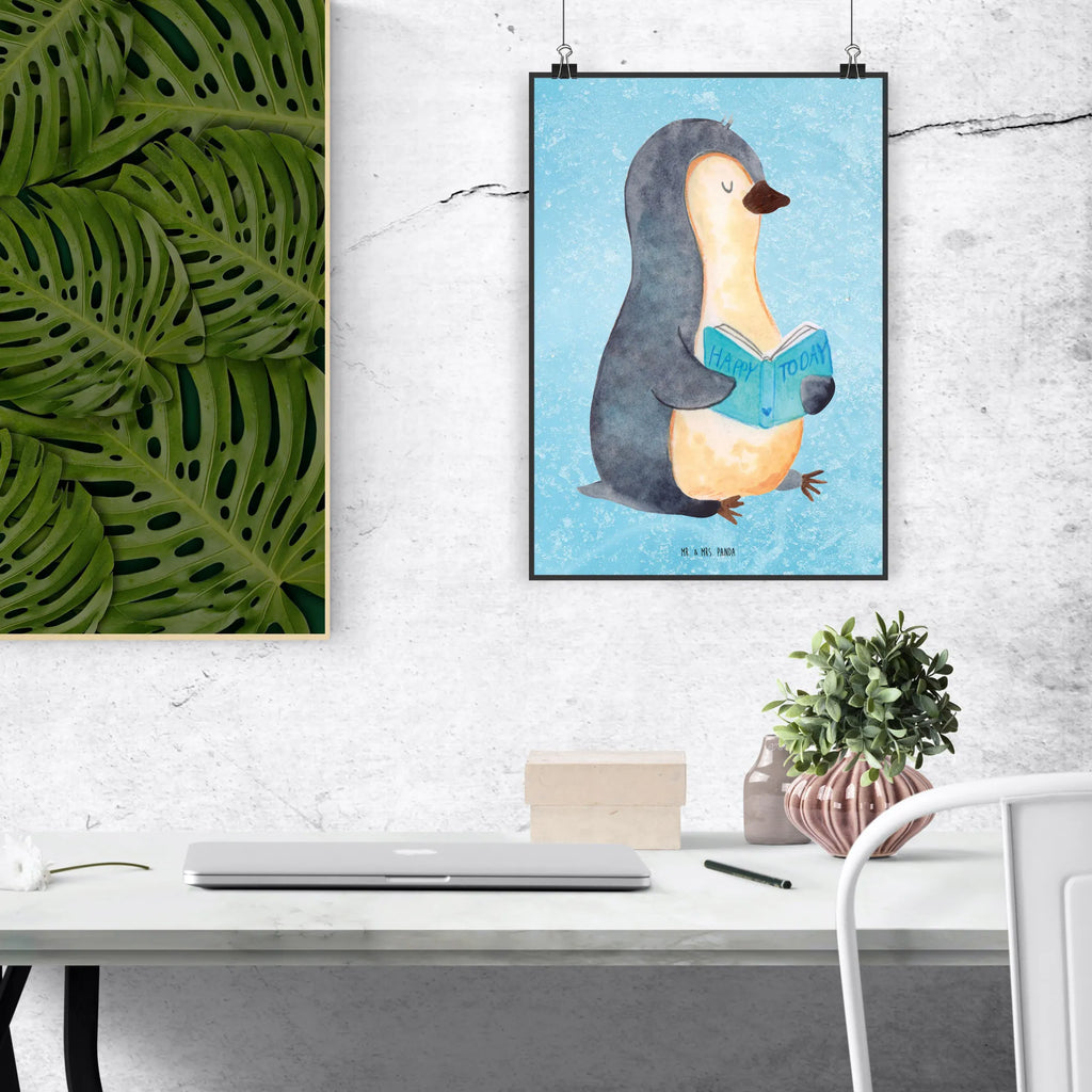 Poster Pinguin Buch Poster, Wandposter, Bild, Wanddeko, Küchenposter, Kinderposter, Wanddeko Bild, Raumdekoration, Wanddekoration, Handgemaltes Poster, Mr. & Mrs. Panda Poster, Designposter, Kunstdruck, Posterdruck, Pinguin, Pinguine, Buch, Lesen, Bücherwurm, Nichtstun, Faulenzen, Ferien, Urlaub, Freizeit