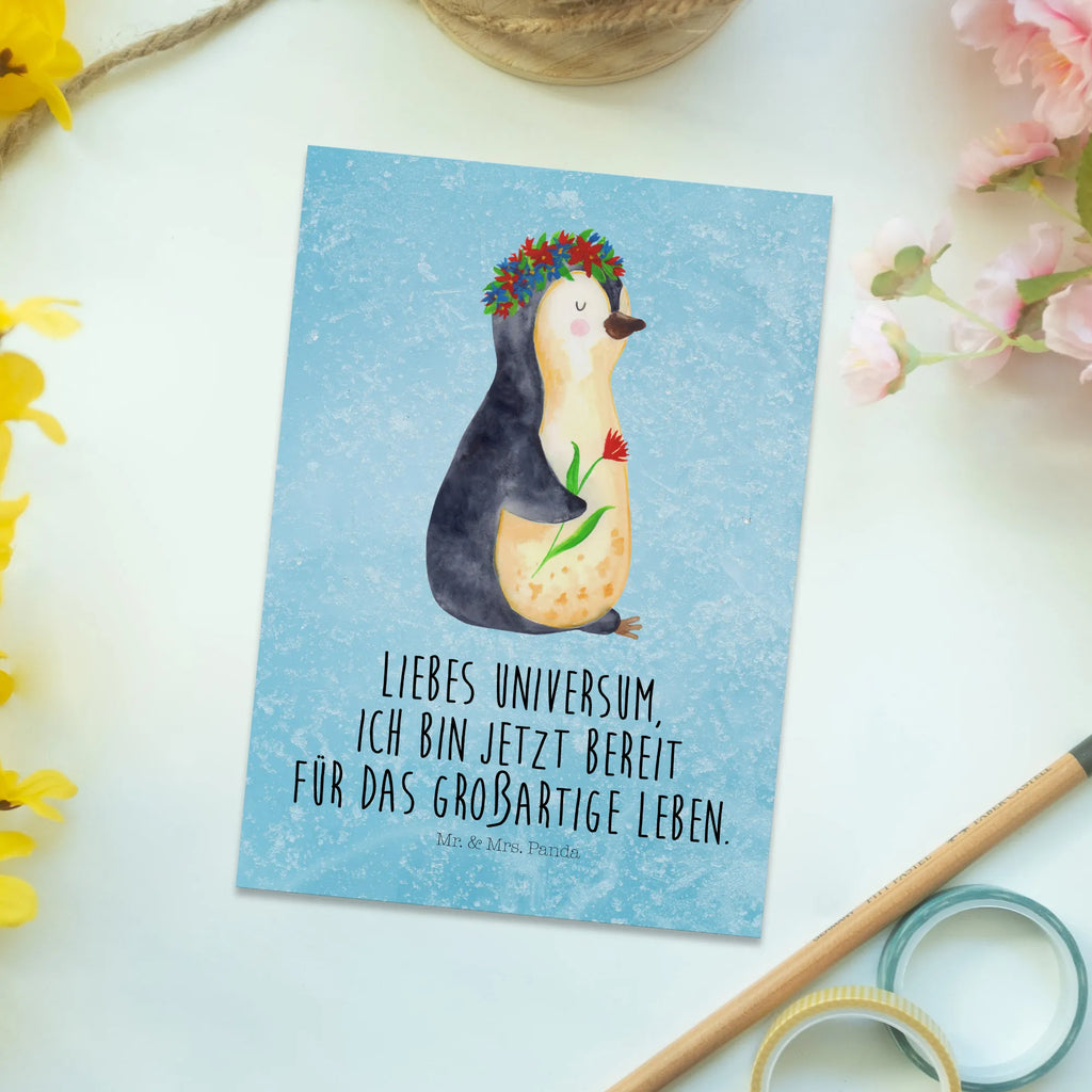 Postkarte Pinguin Blumen Postkarte, Karte, Geschenkkarte, Grußkarte, Einladung, Ansichtskarte, Geburtstagskarte, Einladungskarte, Dankeskarte, Ansichtskarten, Einladung Geburtstag, Einladungskarten Geburtstag, Pinguin, Pinguine, Blumenkranz, Universum, Leben, Wünsche, Ziele, Lebensziele, Motivation, Lebenslust, Liebeskummer, Geschenkidee