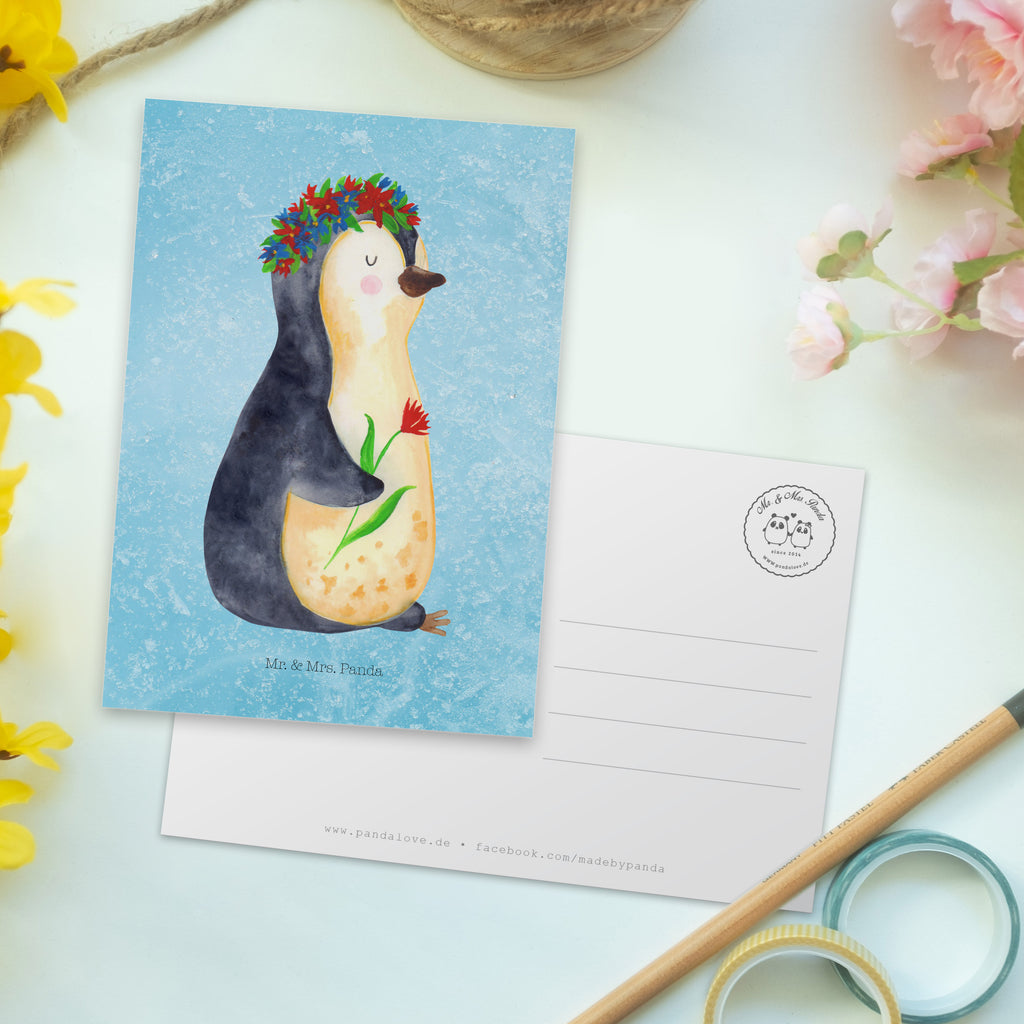 Postkarte Pinguin Blumen Postkarte, Karte, Geschenkkarte, Grußkarte, Einladung, Ansichtskarte, Geburtstagskarte, Einladungskarte, Dankeskarte, Ansichtskarten, Einladung Geburtstag, Einladungskarten Geburtstag, Pinguin, Pinguine, Blumenkranz, Universum, Leben, Wünsche, Ziele, Lebensziele, Motivation, Lebenslust, Liebeskummer, Geschenkidee