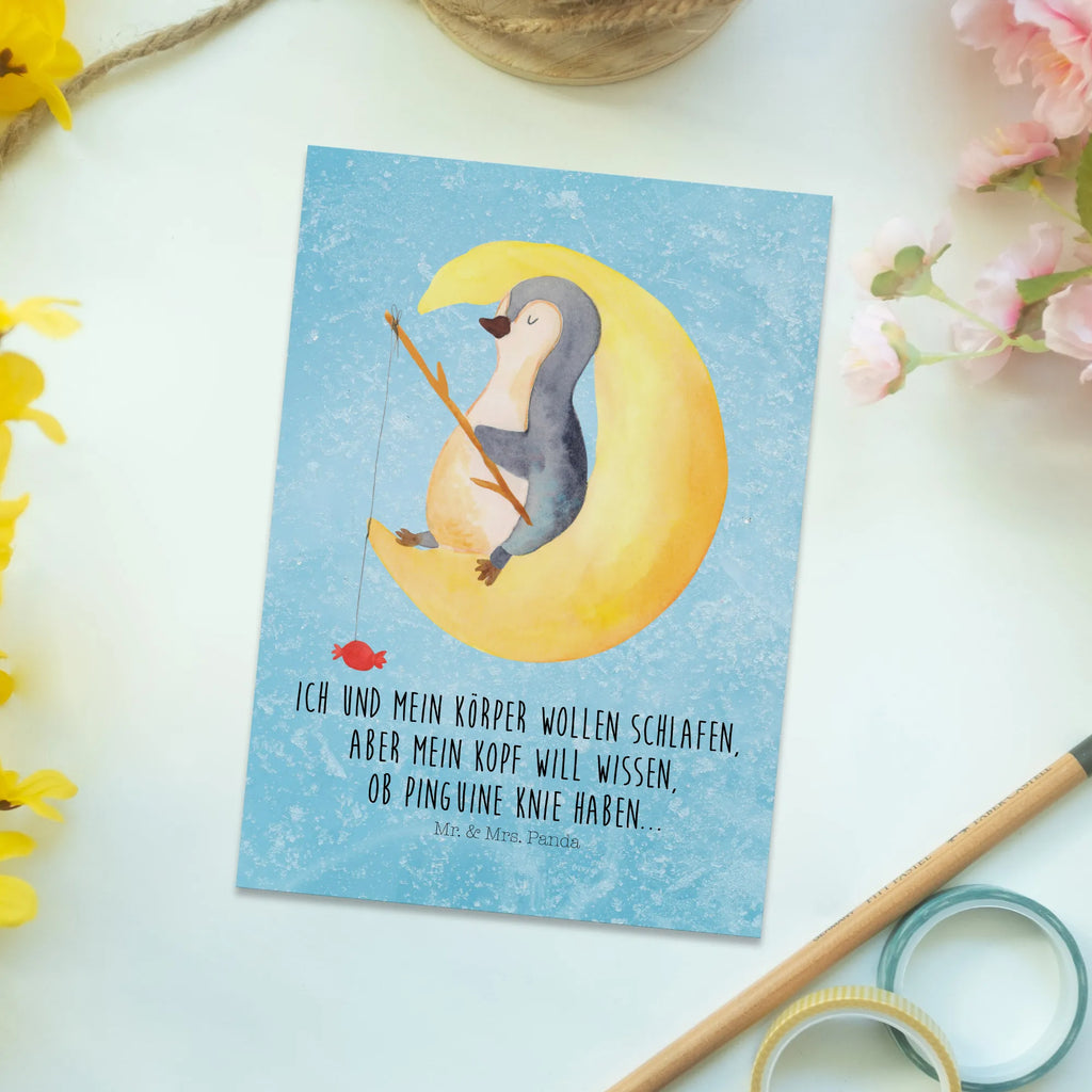 Postkarte Pinguin Mond Postkarte, Karte, Geschenkkarte, Grußkarte, Einladung, Ansichtskarte, Geburtstagskarte, Einladungskarte, Dankeskarte, Ansichtskarten, Einladung Geburtstag, Einladungskarten Geburtstag, Pinguin, Pinguine, Spruch, schlafen, Nachtruhe, Einschlafen, Schlafzimmer, Schlafstörungen, Gästezimmer