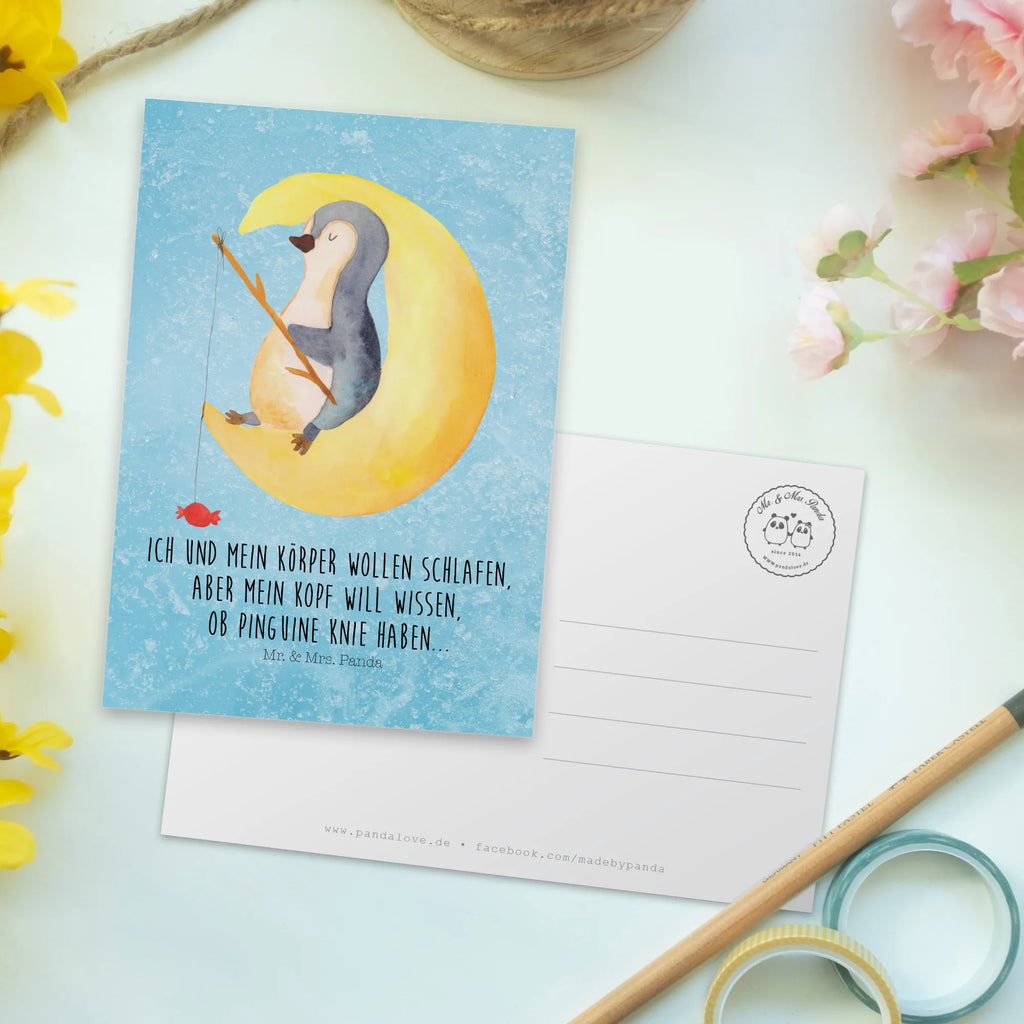 Postkarte Pinguin Mond Postkarte, Karte, Geschenkkarte, Grußkarte, Einladung, Ansichtskarte, Geburtstagskarte, Einladungskarte, Dankeskarte, Ansichtskarten, Einladung Geburtstag, Einladungskarten Geburtstag, Pinguin, Pinguine, Spruch, schlafen, Nachtruhe, Einschlafen, Schlafzimmer, Schlafstörungen, Gästezimmer