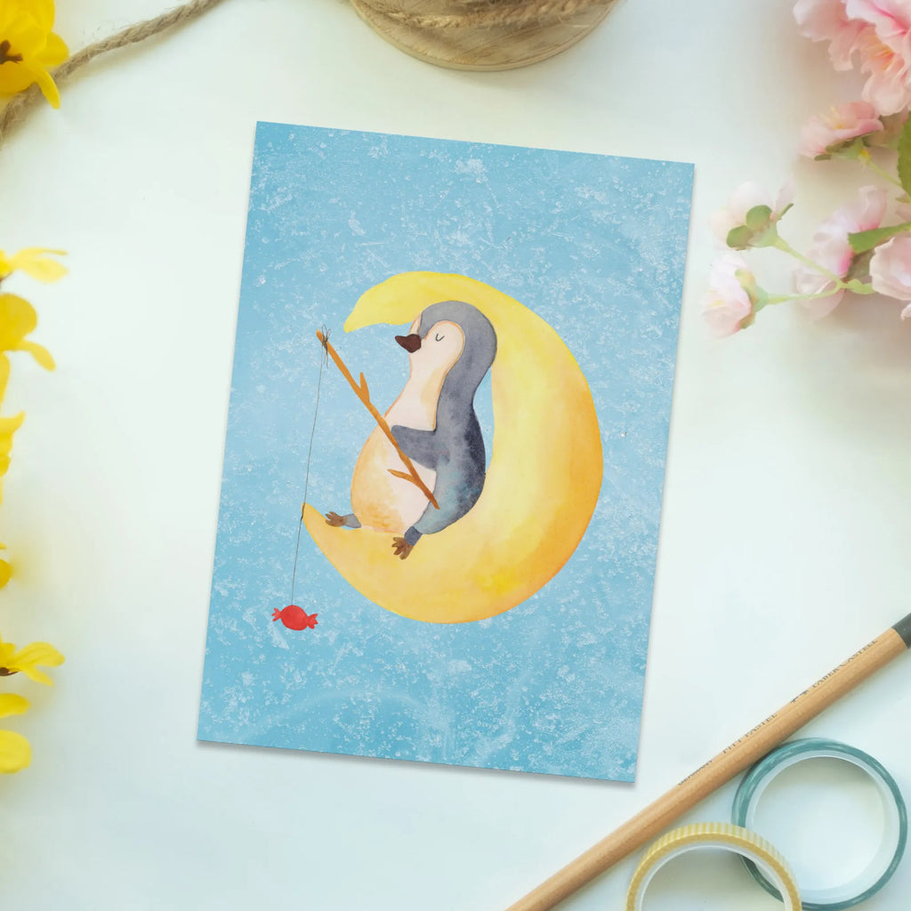 Postkarte Pinguin Mond Postkarte, Karte, Geschenkkarte, Grußkarte, Einladung, Ansichtskarte, Geburtstagskarte, Einladungskarte, Dankeskarte, Ansichtskarten, Einladung Geburtstag, Einladungskarten Geburtstag, Pinguin, Pinguine, Spruch, schlafen, Nachtruhe, Einschlafen, Schlafzimmer, Schlafstörungen, Gästezimmer