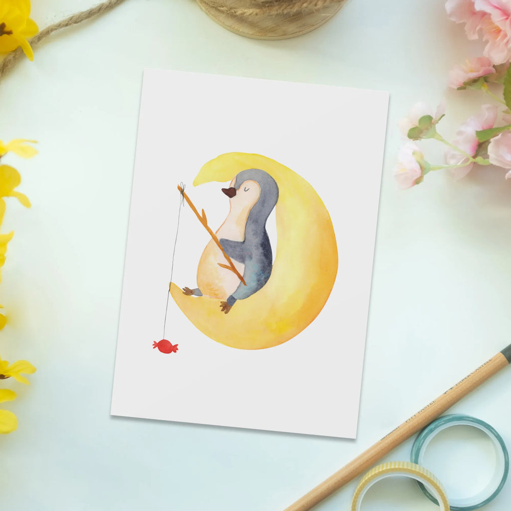 Postkarte Pinguin Mond Postkarte, Karte, Geschenkkarte, Grußkarte, Einladung, Ansichtskarte, Geburtstagskarte, Einladungskarte, Dankeskarte, Ansichtskarten, Einladung Geburtstag, Einladungskarten Geburtstag, Pinguin, Pinguine, Spruch, schlafen, Nachtruhe, Einschlafen, Schlafzimmer, Schlafstörungen, Gästezimmer