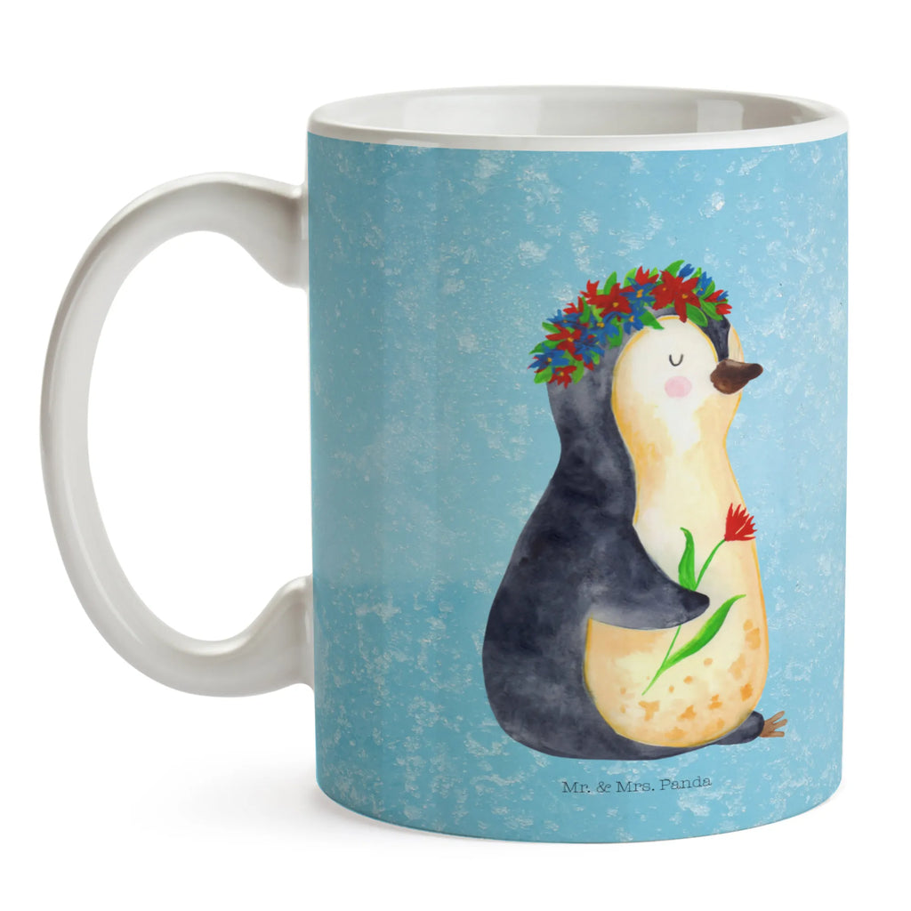 Tasse Pinguin Blumen Tasse, Kaffeetasse, Teetasse, Becher, Kaffeebecher, Teebecher, Keramiktasse, Porzellantasse, Büro Tasse, Geschenk Tasse, Tasse Sprüche, Tasse Motive, Kaffeetassen, Tasse bedrucken, Designer Tasse, Cappuccino Tassen, Schöne Teetassen, Pinguin, Pinguine, Blumenkranz, Universum, Leben, Wünsche, Ziele, Lebensziele, Motivation, Lebenslust, Liebeskummer, Geschenkidee