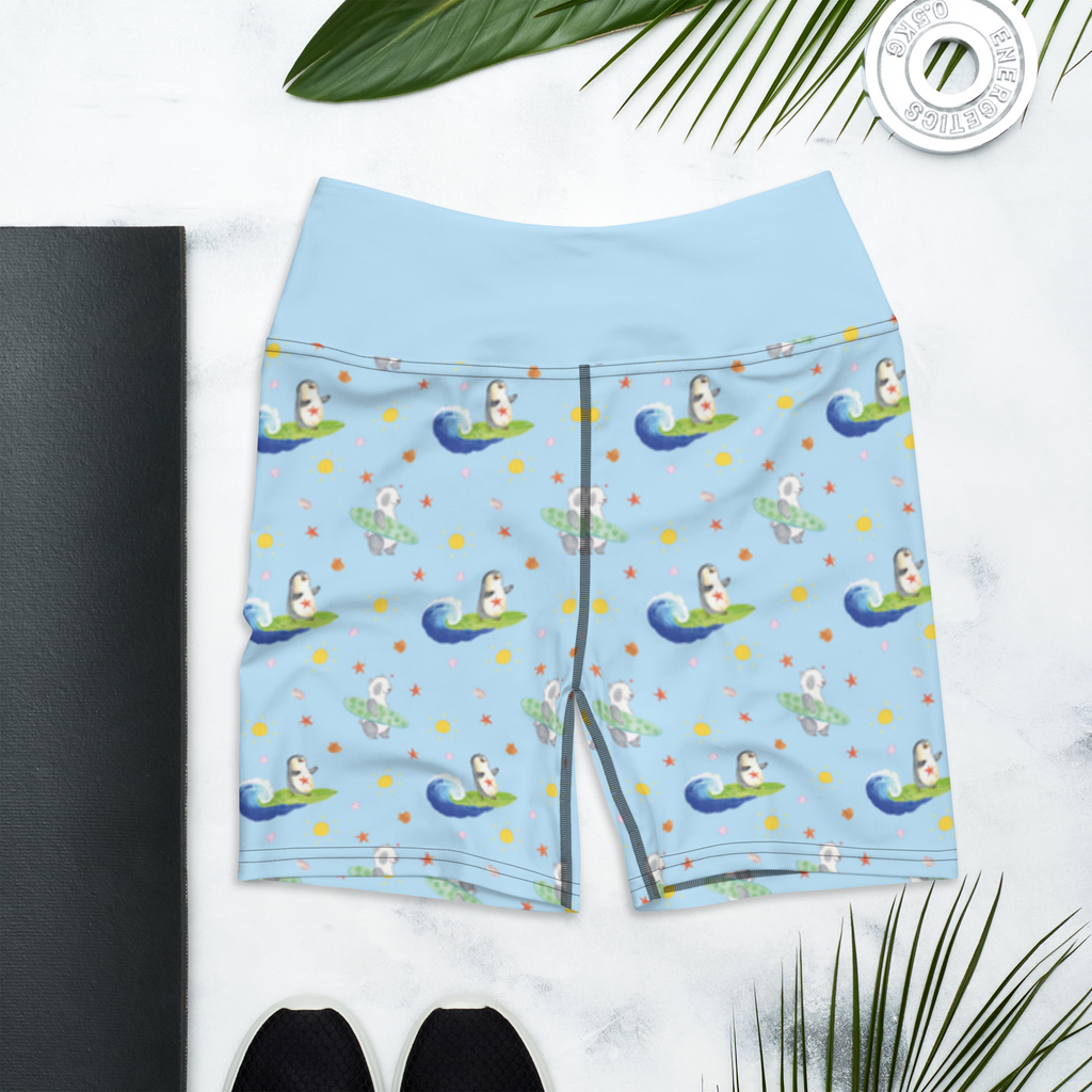 Yoga Shorts Pinguin Surfer Muster Yoga Shorts, Yogashorts, Sporthose, Sportshorts, Fitnesshose, Sportshorts Damen, Yoga Shorts Damen, Yogabekleidung, Sportbekleidung, Pinguin, Pinguine, surfen, Surfer, Hawaii, Urlaub, Wellen, Wellen reiten, Portugal