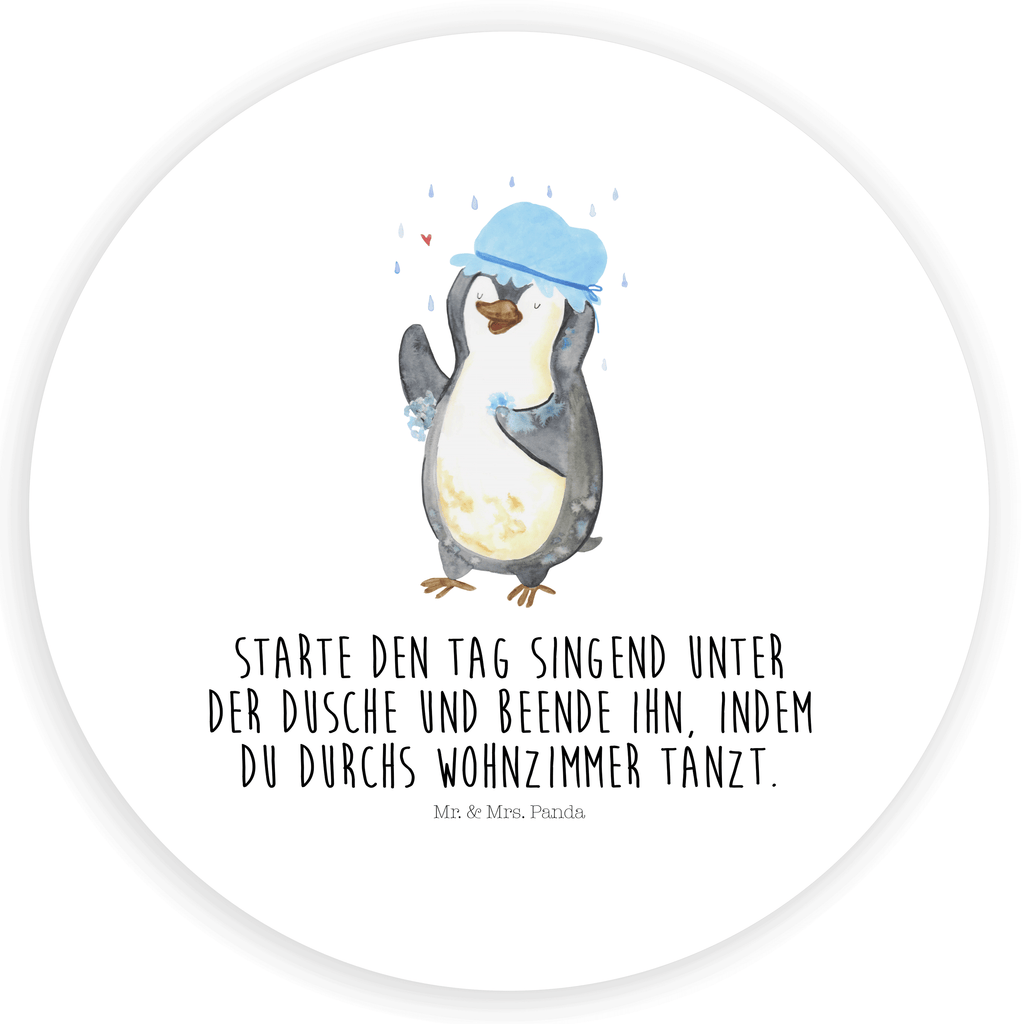 Rund Aufkleber Pinguin duscht Sticker, Aufkleber, Etikett, Kinder, rund, Pinguin, Pinguine, Dusche, duschen, Lebensmotto, Motivation, Neustart, Neuanfang, glücklich sein