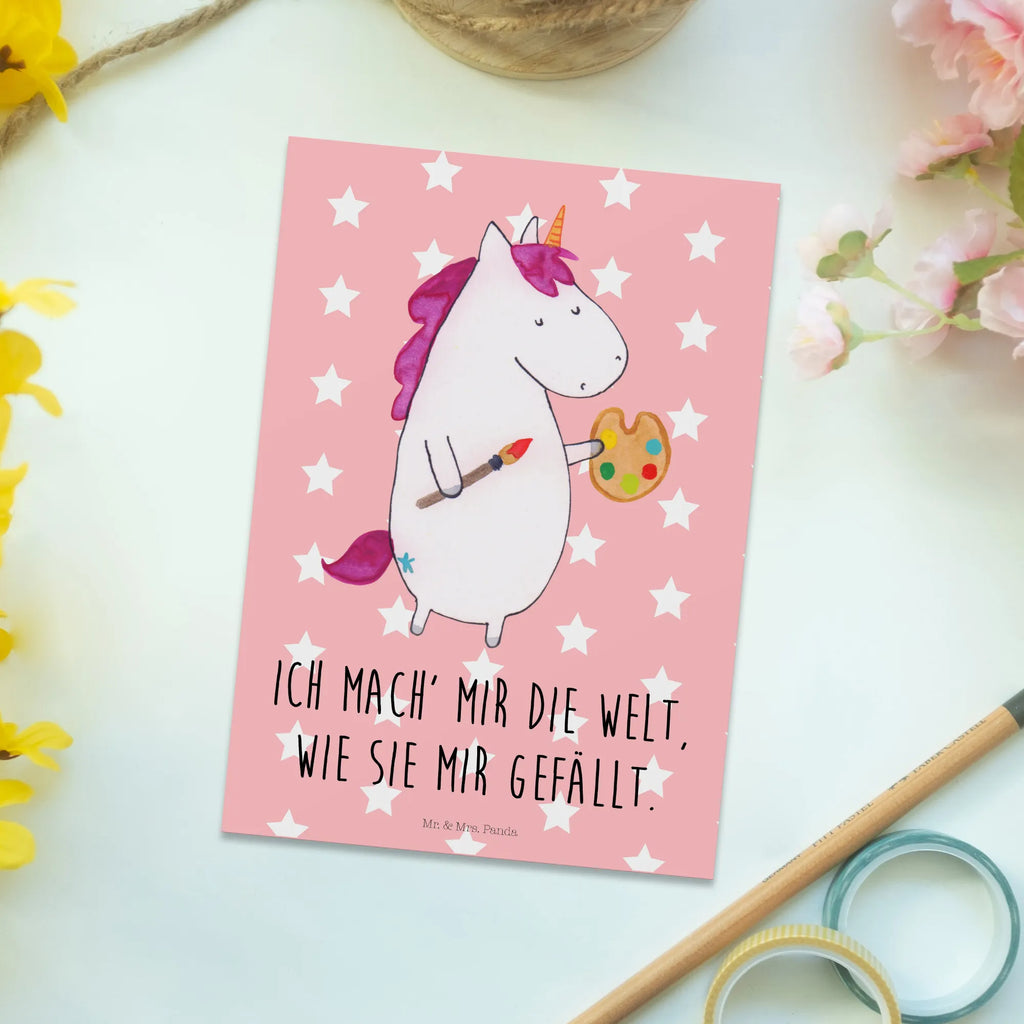 Postkarte Einhorn Künstler Postkarte, Karte, Geschenkkarte, Grußkarte, Einladung, Ansichtskarte, Geburtstagskarte, Einladungskarte, Dankeskarte, Ansichtskarten, Einladung Geburtstag, Einladungskarten Geburtstag, Einhorn, Einhörner, Einhorn Deko, Unicorn, Englisch, Künstler, Artist, Malen, Zeichnen, Welt, Farbe, Stift, Pinsel, Geschenk, Maler