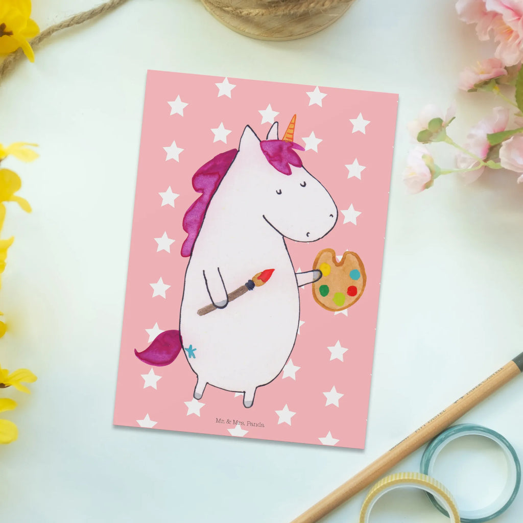 Postkarte Einhorn Künstler Postkarte, Karte, Geschenkkarte, Grußkarte, Einladung, Ansichtskarte, Geburtstagskarte, Einladungskarte, Dankeskarte, Ansichtskarten, Einladung Geburtstag, Einladungskarten Geburtstag, Einhorn, Einhörner, Einhorn Deko, Unicorn, Englisch, Künstler, Artist, Malen, Zeichnen, Welt, Farbe, Stift, Pinsel, Geschenk, Maler