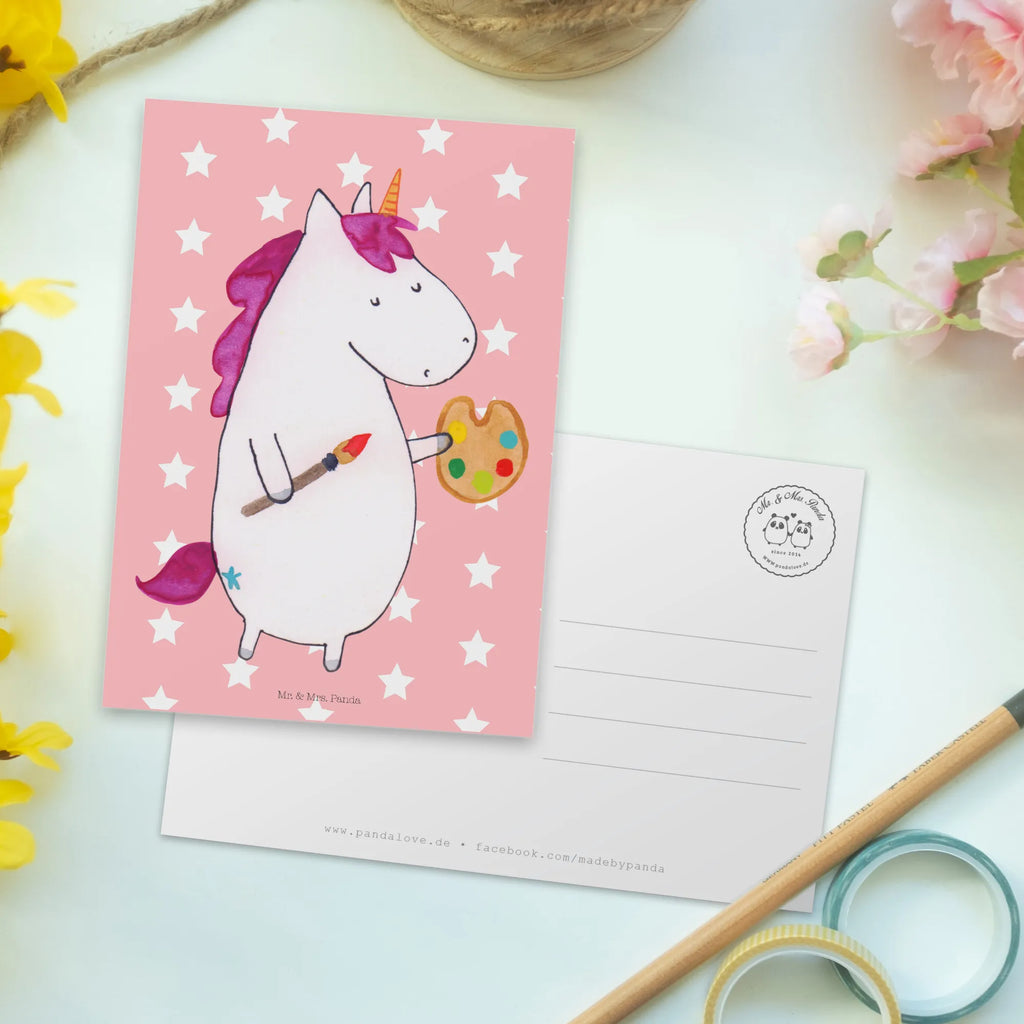 Postkarte Einhorn Künstler Postkarte, Karte, Geschenkkarte, Grußkarte, Einladung, Ansichtskarte, Geburtstagskarte, Einladungskarte, Dankeskarte, Ansichtskarten, Einladung Geburtstag, Einladungskarten Geburtstag, Einhorn, Einhörner, Einhorn Deko, Unicorn, Englisch, Künstler, Artist, Malen, Zeichnen, Welt, Farbe, Stift, Pinsel, Geschenk, Maler