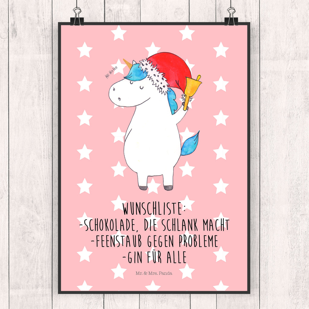 Poster Einhorn Weihnachtsmann Poster, Wandposter, Bild, Wanddeko, Küchenposter, Kinderposter, Wanddeko Bild, Raumdekoration, Wanddekoration, Handgemaltes Poster, Mr. & Mrs. Panda Poster, Designposter, Kunstdruck, Posterdruck, Einhorn, Einhörner, Einhorn Deko, Pegasus, Unicorn, Gin, Schokolade, Schoki, Weihnachten, Weihnachtsmann, Nikolaus, Wunschzettel, Wunschliste, Feenstaub