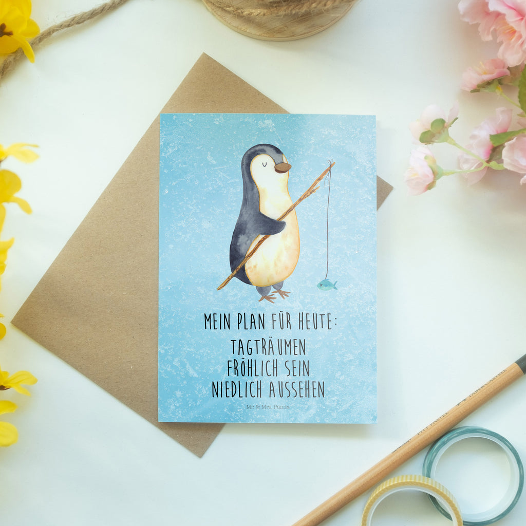 Grußkarte Pinguin Angler Grußkarte, Klappkarte, Einladungskarte, Glückwunschkarte, Hochzeitskarte, Geburtstagskarte, Karte, Ansichtskarten, Pinguin, Pinguine, Angeln, Angler, Tagträume, Hobby, Plan, Planer, Tagesplan, Neustart, Motivation, Geschenk, Freundinnen, Geschenkidee, Urlaub, Wochenende