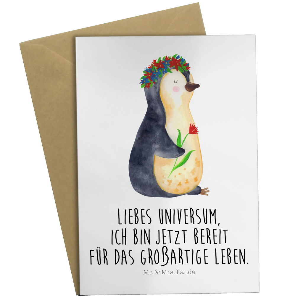 Grußkarte Pinguin Blumenkranz Grußkarte, Klappkarte, Einladungskarte, Glückwunschkarte, Hochzeitskarte, Geburtstagskarte, Karte, Ansichtskarten, Pinguin, Pinguine, Blumenkranz, Universum, Leben, Wünsche, Ziele, Lebensziele, Motivation, Lebenslust, Liebeskummer, Geschenkidee