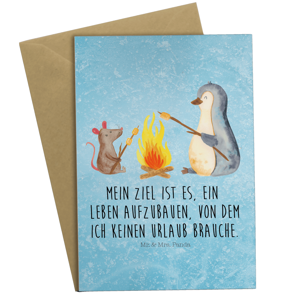 Grußkarte Pinguin Lagerfeuer Grußkarte, Klappkarte, Einladungskarte, Glückwunschkarte, Hochzeitskarte, Geburtstagskarte, Karte, Ansichtskarten, Pinguin, Maus, Pinguine, Lagerfeuer, Leben, Arbeit, Job, Motivation, Büro, Büroalltag, Lebensspruch, Lebensmotivation, Neustart, Liebe, grillen, Feuer, Marshmallows