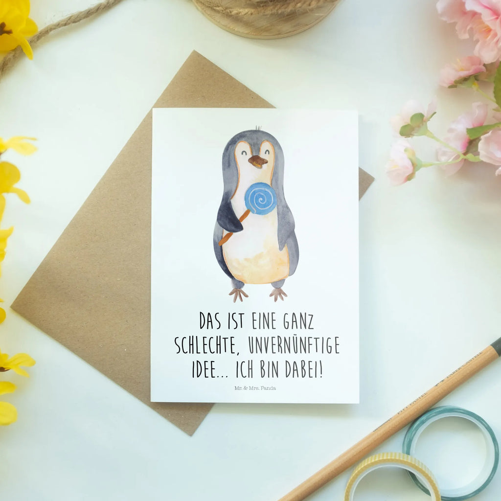 Grußkarte Pinguin Lolli Grußkarte, Klappkarte, Einladungskarte, Glückwunschkarte, Hochzeitskarte, Geburtstagskarte, Karte, Ansichtskarten, Pinguin, Pinguine, Lolli, Süßigkeiten, Blödsinn, Spruch, Rebell, Gauner, Ganove, Rabauke