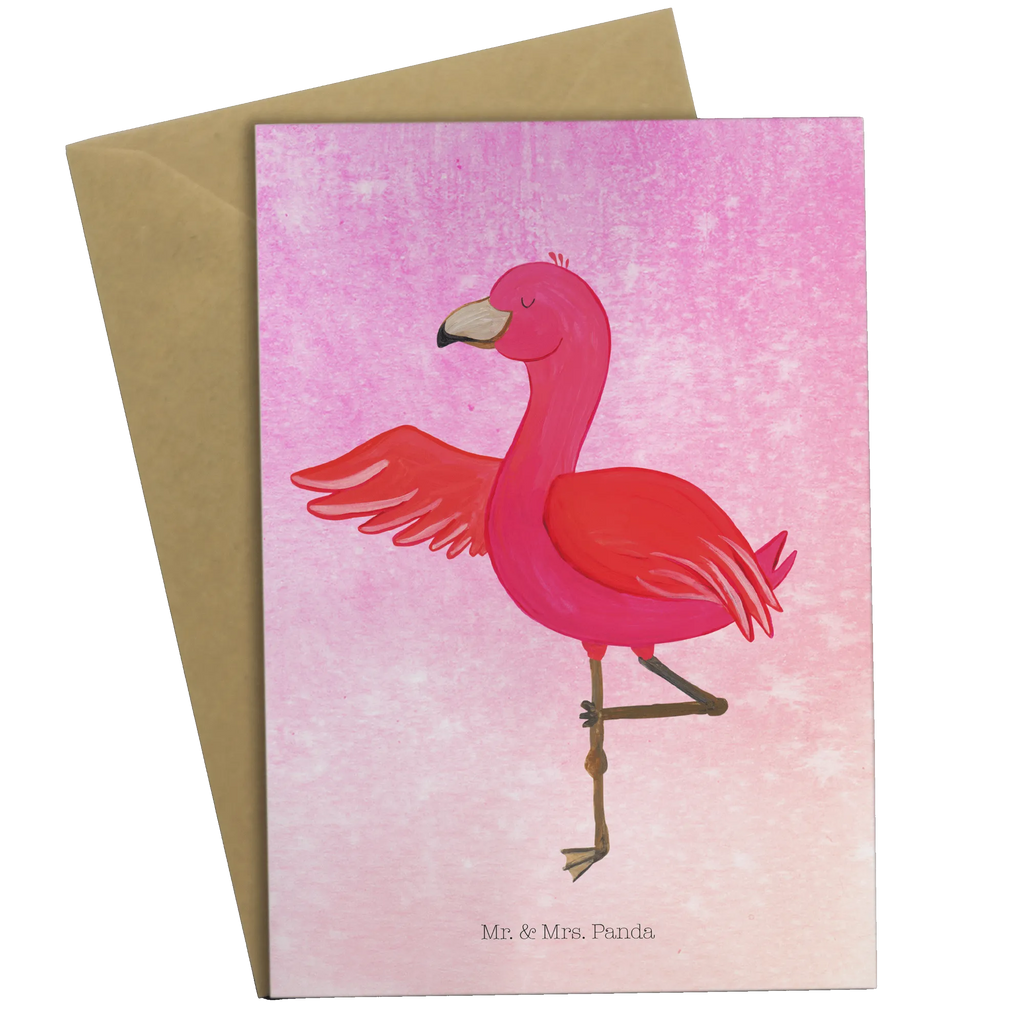 Grußkarte Flamingo Yoga Grußkarte, Klappkarte, Einladungskarte, Glückwunschkarte, Hochzeitskarte, Geburtstagskarte, Karte, Ansichtskarten, Flamingo, Vogel, Yoga, Namaste, Achtsamkeit, Yoga-Übung, Entspannung, Ärger, Aufregen, Tiefenentspannung