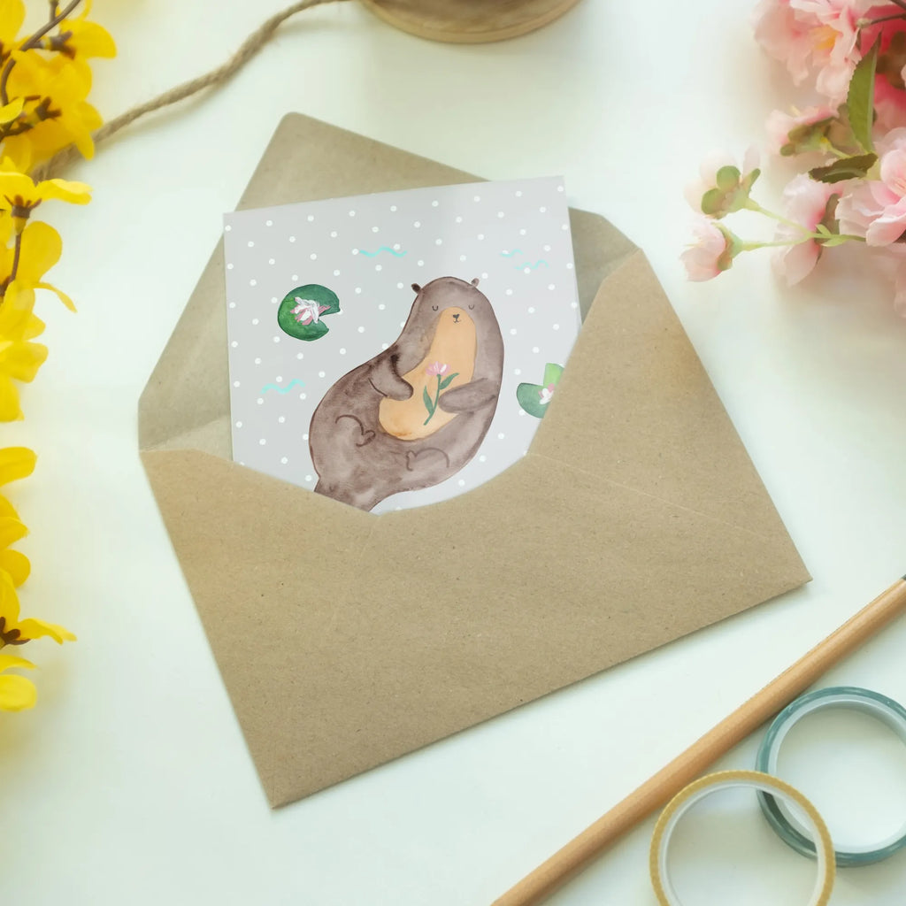 Grußkarte Otter mit Seerose Grußkarte, Klappkarte, Einladungskarte, Glückwunschkarte, Hochzeitskarte, Geburtstagskarte, Karte, Ansichtskarten, Otter, Fischotter, Seeotter, Otter Seeotter See Otter