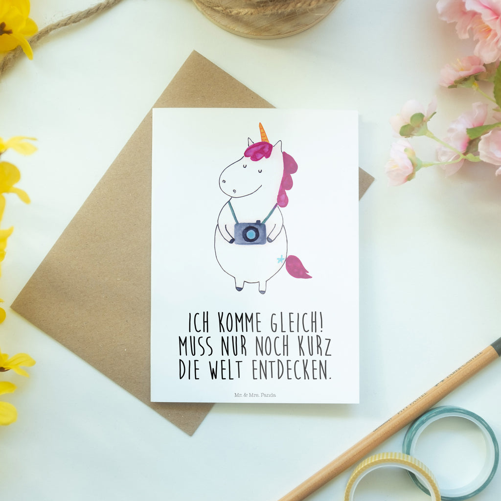 Grußkarte Einhorn Fotograf Grußkarte, Klappkarte, Einladungskarte, Glückwunschkarte, Hochzeitskarte, Geburtstagskarte, Karte, Ansichtskarten, Einhorn, Einhörner, Einhorn Deko, Pegasus, Unicorn, Fotograf, Fotografie, Kamera, Reisen, Weltreise, Weltenbummler, Urlaub, Tourist, Kurztrip, Reise, Städtereise