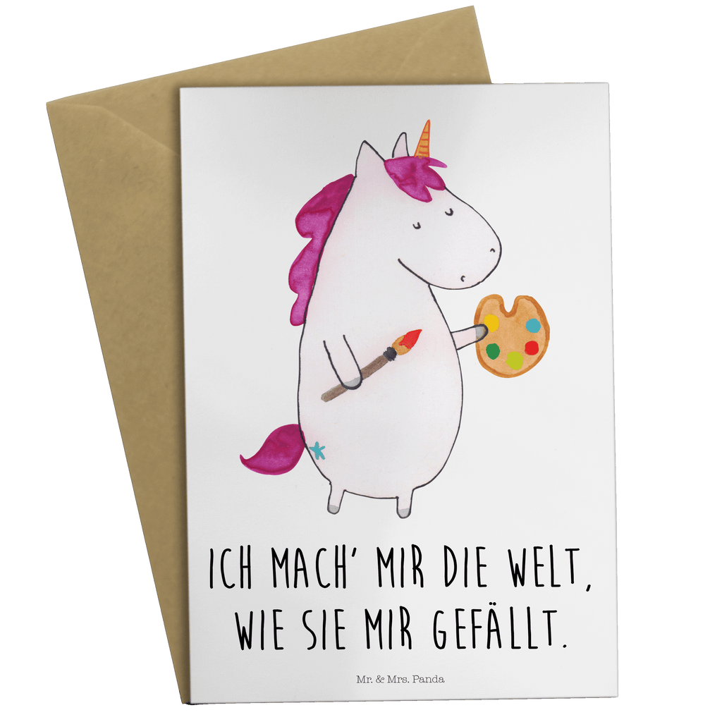 Grußkarte Einhorn Künstler Grußkarte, Klappkarte, Einladungskarte, Glückwunschkarte, Hochzeitskarte, Geburtstagskarte, Karte, Ansichtskarten, Einhorn, Einhörner, Einhorn Deko, Pegasus, Unicorn, Englisch, Künstler, Artist, Malen, Zeichnen, Welt, Farbe, Stift, Pinsel, Geschenk, Maler