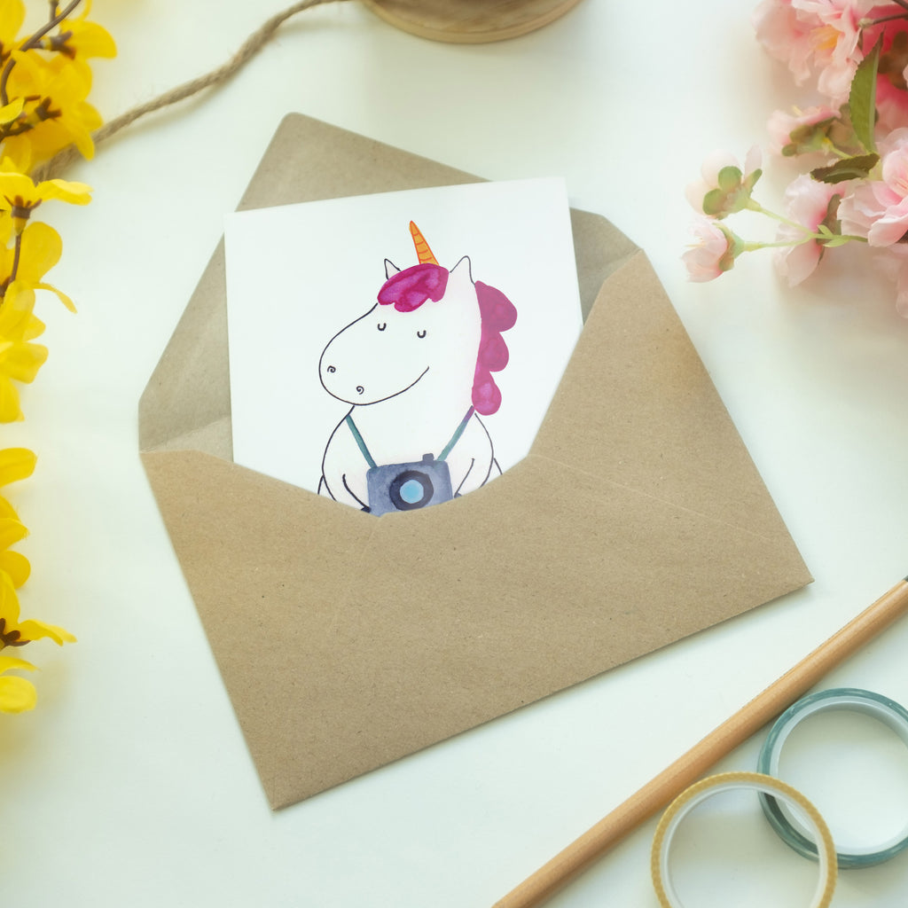 Grußkarte Einhorn Fotograf Grußkarte, Klappkarte, Einladungskarte, Glückwunschkarte, Hochzeitskarte, Geburtstagskarte, Karte, Ansichtskarten, Einhorn, Einhörner, Einhorn Deko, Pegasus, Unicorn, Fotograf, Fotografie, Kamera, Reisen, Weltreise, Weltenbummler, Urlaub, Tourist, Kurztrip, Reise, Städtereise