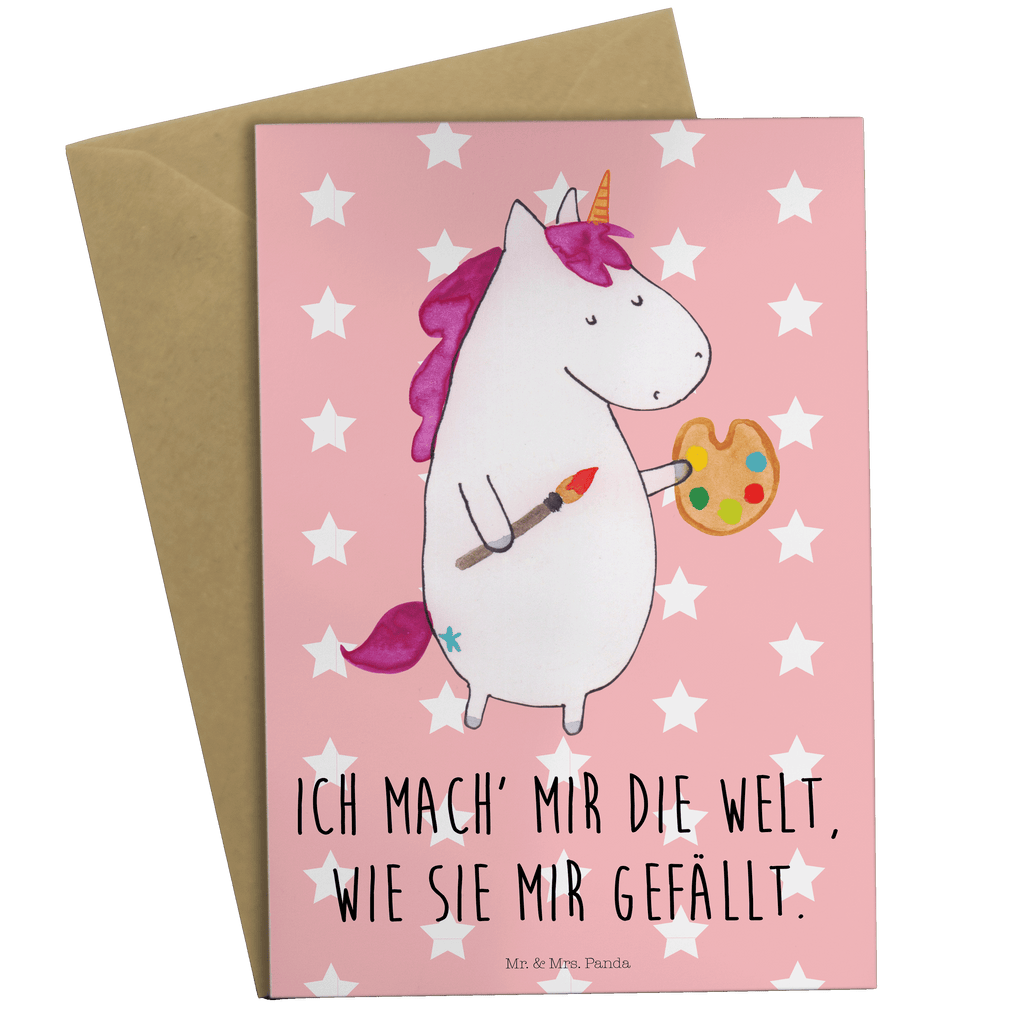 Grußkarte Einhorn Künstler Grußkarte, Klappkarte, Einladungskarte, Glückwunschkarte, Hochzeitskarte, Geburtstagskarte, Karte, Ansichtskarten, Einhorn, Einhörner, Einhorn Deko, Pegasus, Unicorn, Englisch, Künstler, Artist, Malen, Zeichnen, Welt, Farbe, Stift, Pinsel, Geschenk, Maler