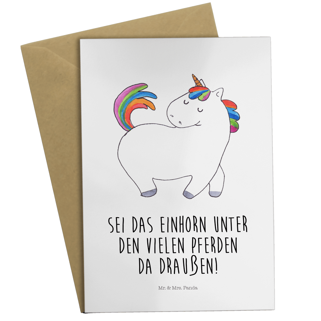 Grußkarte Einhorn Stolzieren Grußkarte, Klappkarte, Einladungskarte, Glückwunschkarte, Hochzeitskarte, Geburtstagskarte, Karte, Ansichtskarten, Einhorn, Einhörner, Einhorn Deko, Pegasus, Unicorn, stolz, anders, bunt, Pferd, Reiter, Reiten, Freundin, Geschenk