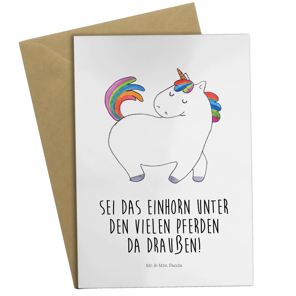 Grußkarte Einhorn Stolzieren Grußkarte, Klappkarte, Einladungskarte, Glückwunschkarte, Hochzeitskarte, Geburtstagskarte, Karte, Ansichtskarten, Einhorn, Einhörner, Einhorn Deko, Unicorn, stolz, anders, bunt, Pferd, Reiter, Reiten, Freundin, Geschenk