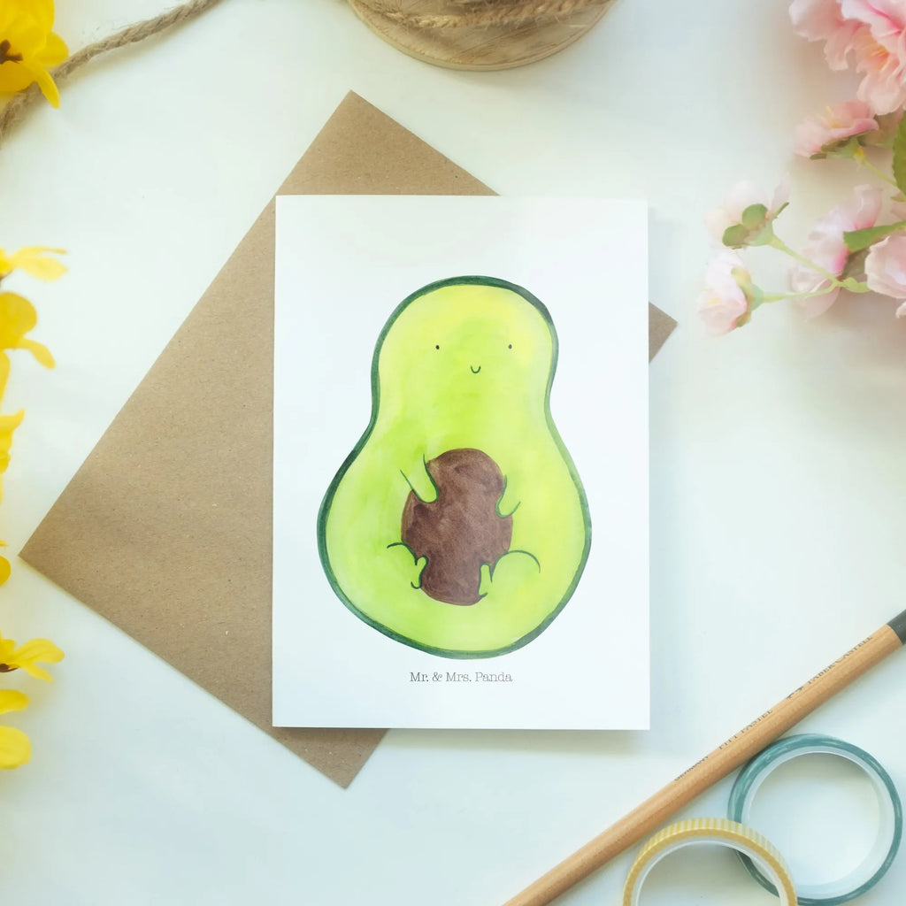 Grußkarte Avocado Kern Grußkarte, Klappkarte, Einladungskarte, Glückwunschkarte, Hochzeitskarte, Geburtstagskarte, Karte, Ansichtskarten, Avocado, Veggie, Vegan, Gesund, Avokado, Avocadokern, Kern, Pflanze, Spruch Leben