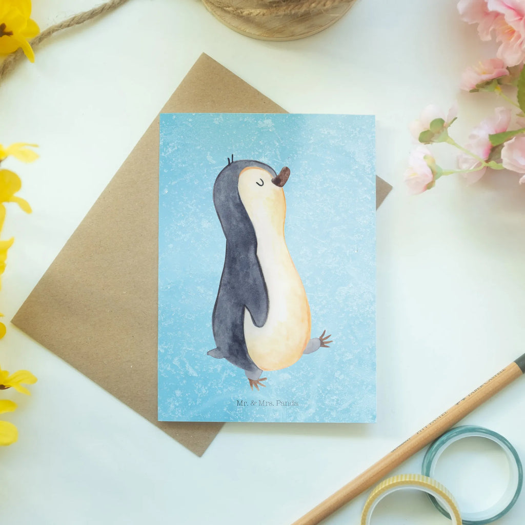 Grußkarte Pinguin marschieren Grußkarte, Klappkarte, Einladungskarte, Glückwunschkarte, Hochzeitskarte, Geburtstagskarte, Karte, Ansichtskarten, Pinguin, Pinguine, Frühaufsteher, Langschläfer, Bruder, Schwester, Familie