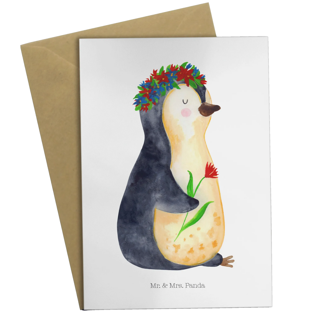 Grußkarte Pinguin Blumenkranz Grußkarte, Klappkarte, Einladungskarte, Glückwunschkarte, Hochzeitskarte, Geburtstagskarte, Karte, Ansichtskarten, Pinguin, Pinguine, Blumenkranz, Universum, Leben, Wünsche, Ziele, Lebensziele, Motivation, Lebenslust, Liebeskummer, Geschenkidee