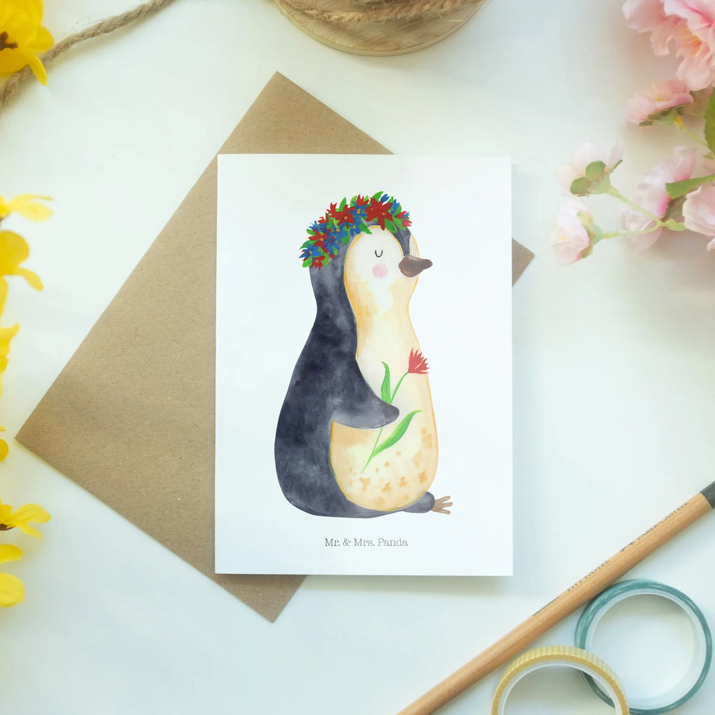 Grußkarte Pinguin Blumenkranz Grußkarte, Klappkarte, Einladungskarte, Glückwunschkarte, Hochzeitskarte, Geburtstagskarte, Karte, Ansichtskarten, Pinguin, Pinguine, Blumenkranz, Universum, Leben, Wünsche, Ziele, Lebensziele, Motivation, Lebenslust, Liebeskummer, Geschenkidee